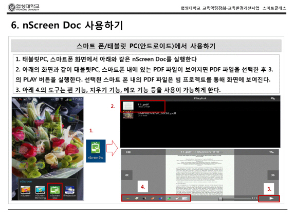 nScreen Doc 사용하기 스마트 폰/태블릿 PC(안드로이드)에서 사용하기 1.태블릿PC, 스마트폰 화면에서 아래와 같은 nScrren Doc를 실행한다. 2.아래의 화면과 같이 태블릿 PC, 스마트폰 내에 있는 PDF파일이 보여지면 PDF 파일을 선택한 후 3.의 PLAY버튼을 실행한다. 선택된 스마트 폰 내의 PDF 파일은 빔 프로젝트를 통해 화면에 보여진다. 3.아래4.의 도구는 펜 기능, 지우기 기능, 메모 기능 들을 사용이 가능하게 한다.