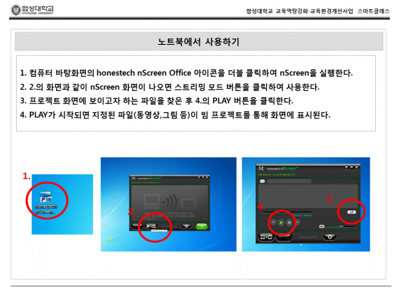 노트북에서 사용하기 1.컴퓨터 바탕화면의 honestech nScreen Office 아이콘을 더블 클릭하여 nScreen을 실행한다. 2.2.의 화면과 같이 nScreen 화면이 나오면 스트리밍 모드 버튼을 클릭하여 사용한다. 3.프로젝트 화면에 보이고자 하는 파일을 찾은 후 4.의 PLAY 버튼을 클릭한다. 4.PLAY가 시작되면 지정된 파일(동영상, 그림 등)이 빔 프로젝트를 통해 화면에 표시된다.