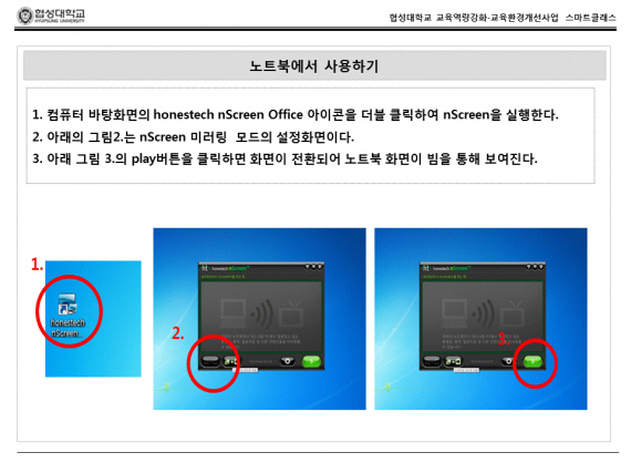 노트북에서 사용하기 1.컴퓨터 바탕화면의 honestech nScreen Office 아이콘을 더블 플릭하여 nScreen을 실행한다. 2.아래의 그림2.는 nScreen 미러링 모드의 설정화면이다. 3.아래 그림 3.의 play버튼을 클릭하면 화면이 전환되어 노트북 화면이 빔을 통해 보여진다.